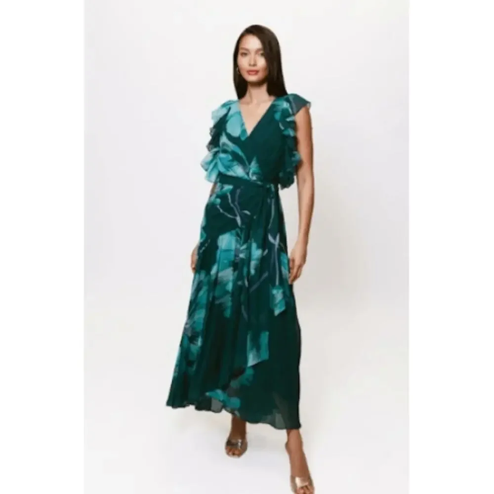 Hutch Women's Floral V-Neck Beck Maxi Wrap Dress Cap Sleeves Green Size XL NWT - Picture 3 of 12